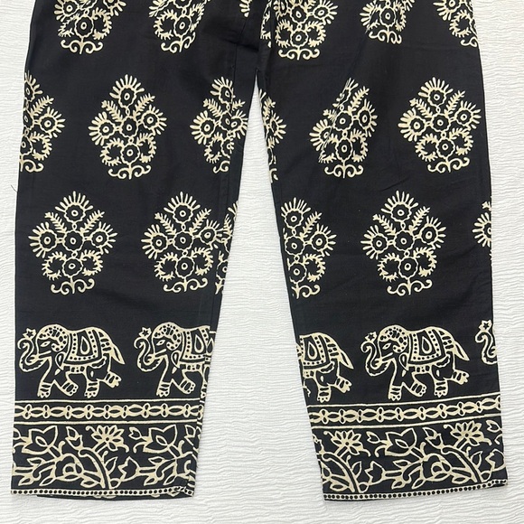 nid d’abeille Pants - Linen Boho Trousers with Ornate Elephant Pattern Button zipper front Relax Baggy